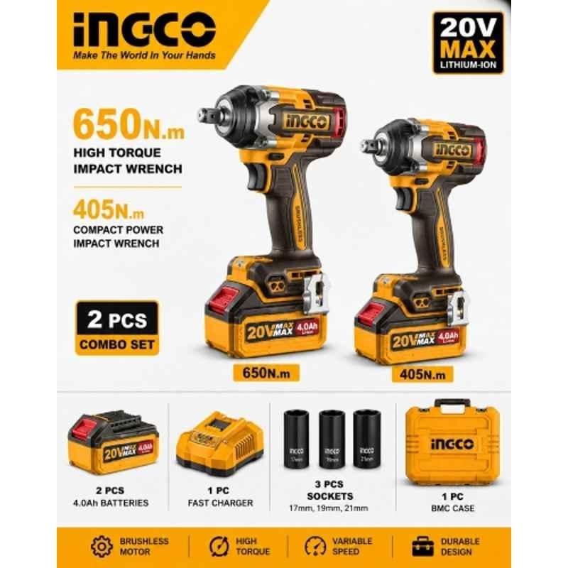 Ingco 1/2 inch 20V 650Nm & 405Nm Cordless Impact Wrench Combo with Brushless Motor