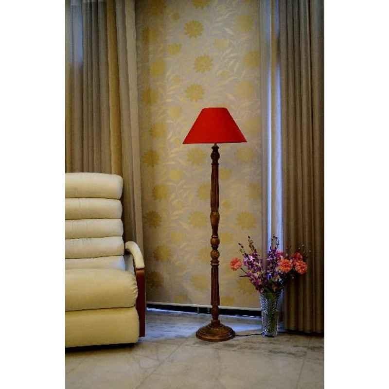 Tucasa Mango Wood Brown Floor Lamp with Red Conical Polycotton Shade, WF-8