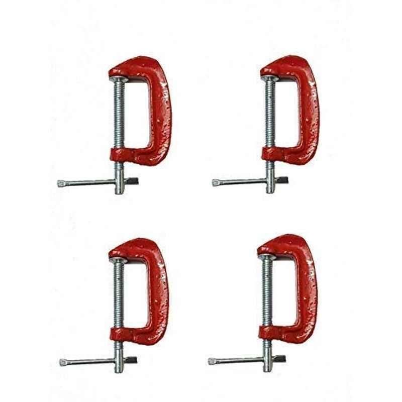 Krost Mini C Or G Clamp Cast Iron Frame With Chrome Plated Screw, 4 Inch, Red, 4 Piece