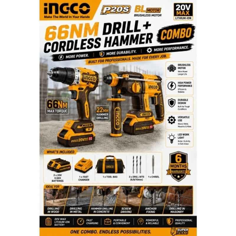 Ingco 13mm 20V 66Nm Cordless Impact Drill 22mm Hammer Combo