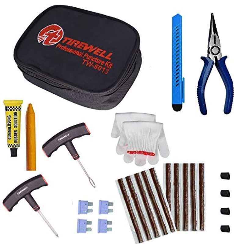 Tirewell TW-5013 10 in 1 Universal Tubeless Tyre Puncture Kit with Storage Bag, Emergency Flat Tire Repair Patch Tool Bag for Car, Bike, SUV
