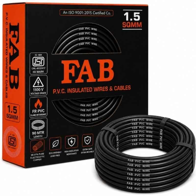 FAB 1.5 Sqmm Single Core Black FR PVC CCS Copper Insulated House Wire, Length: 91 m