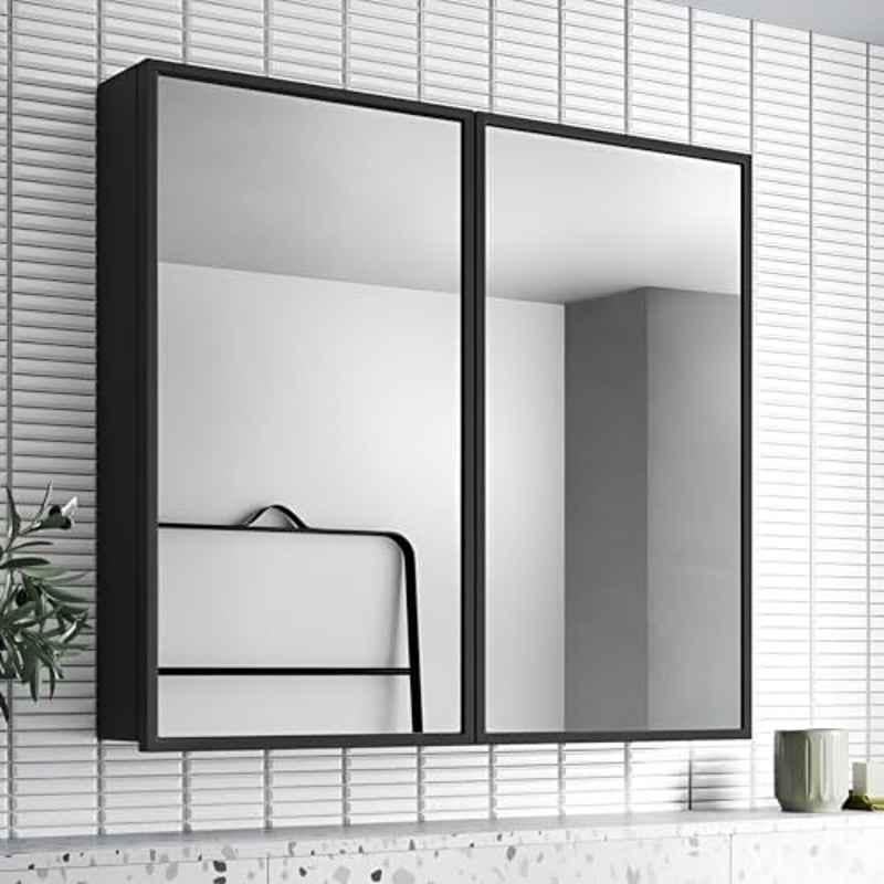 Plantex 18x18 inch Stainless Steel Black Mirrored Finish Double Door Bathroom Mirror Cabinet