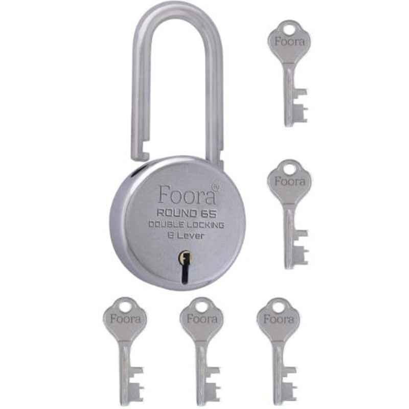 Foora 8 Lever 65mm Silver Long Shackle Double Locking Round Padlock with 5 Keys