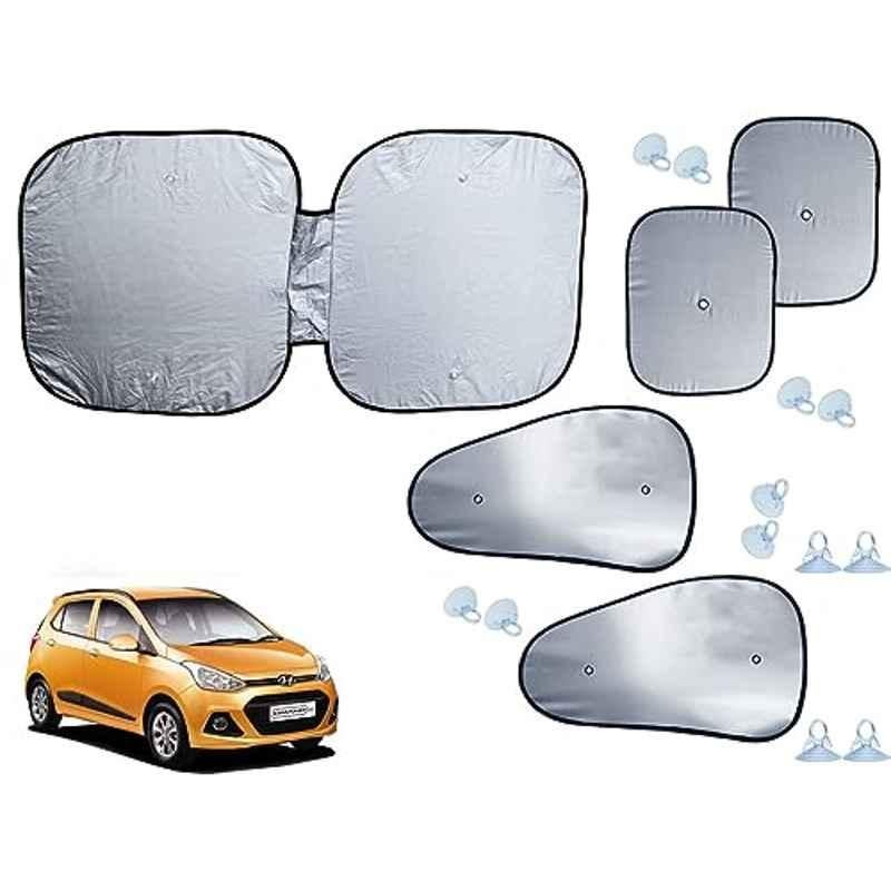 Auto Pearl 5 Pcs Polyester Black & Silver Window & Front Sun Shade Set for Hyundai i10 Grand 2013-2016
