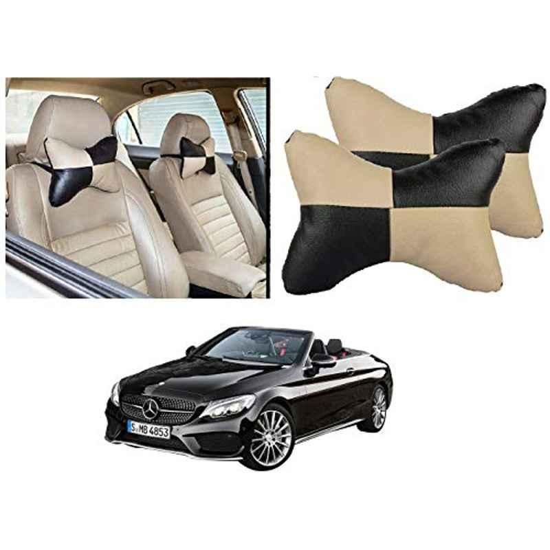 Kozdiko 2 Pcs Black & Beige Car Square Chess Design Neck Rest Seat Pillow Set for Mercedes Benz E-Class