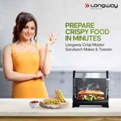 Longway Crisp Master 1000W Metallic Silver Electric Panini Sandwich Maker, Grill & Toaster with Non-Stick Coating Cast Aluminium Plates
