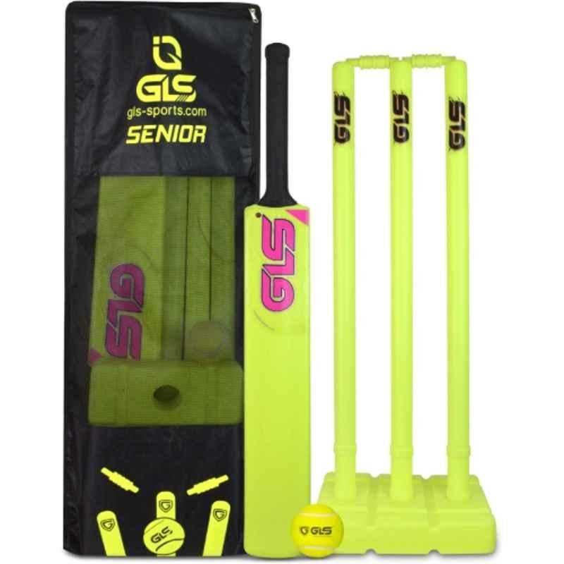 GLS Rafter Plastic Florcent Yellow & Magenta Cricket Bat with Ball, Plastic Stamp & Cover Kit