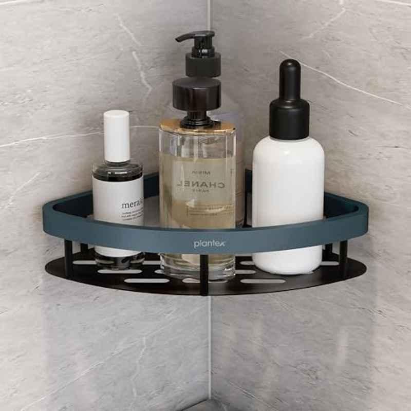 Plantex Self Adhesive Corner Shelf for Bathroom Wall/Aluminium & Stainless Steel Corner Rack/Storage Organizer/Bathroom Accessories Set- 8x8 inch, Cadet Blue & Black