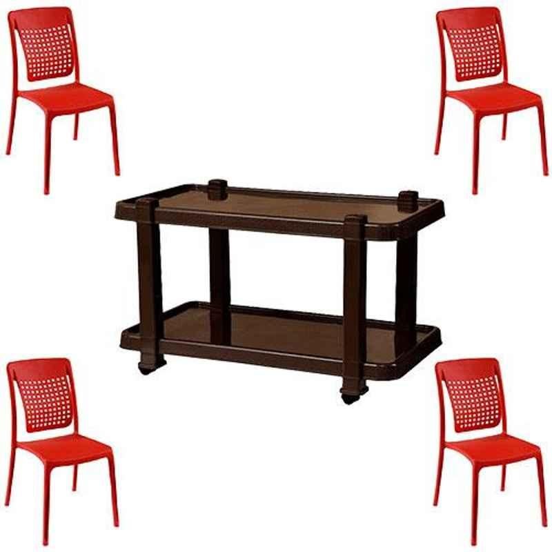 Italica 4 Pcs Polypropylene Red Spine Care Chair & Nut Brown Table with Wheels Set, 2109-4/9509