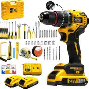 XLNT 21V Cordless Brushless Power Impact Drill Driver Kit with 2 Batteries & Charger, 3/8 inch Keyless Chuck, 25+1 Torque Settings, Complete Hand Tools Set, Sockets & Carry Case, XTCIDK214