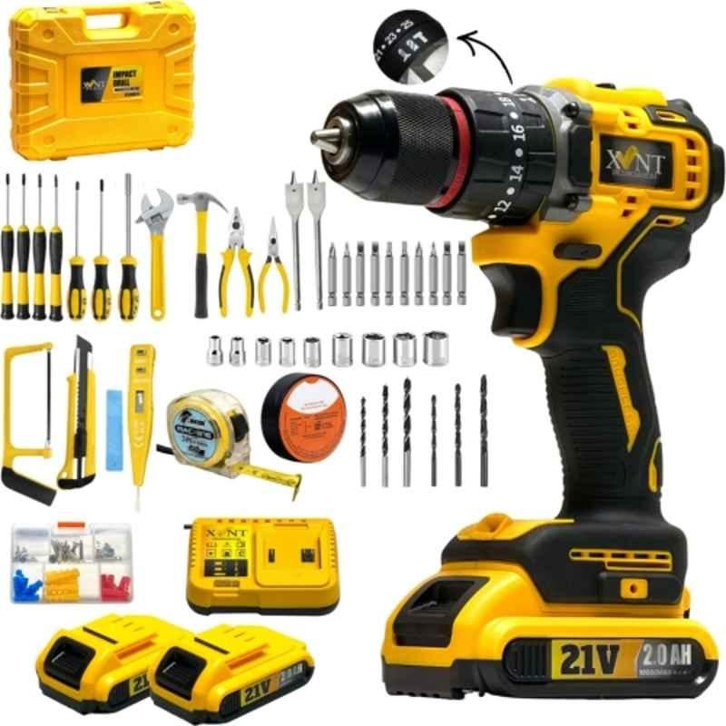 XLNT 21V Cordless Brushless Power Impact Drill Driver Kit with 2 Batteries & Charger, 3/8 inch Keyless Chuck, 25+1 Torque Settings, Complete Hand Tools Set, Sockets & Carry Case, XTCIDK214