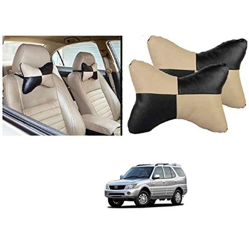 Kozdiko 2 Pcs Black & Beige Car Square Chess Design Neck Rest Seat Pillow Set for Tata Safari