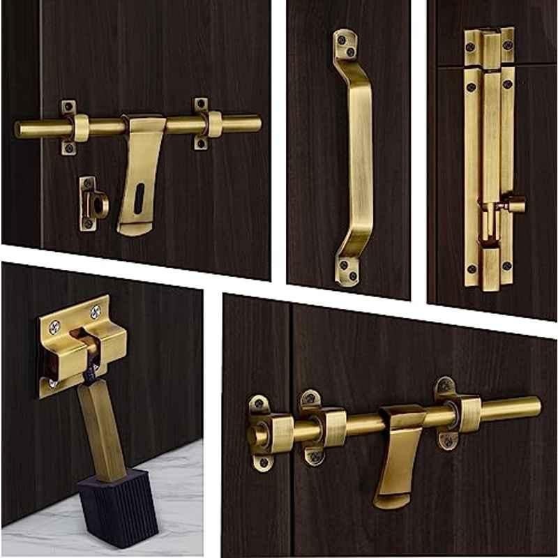 Plantex Stainless Steel Door Kit for Single Door/Door Hardware/Door Accessories 10 inch Al-Drop, 8 inch Latch, 8 inch 2 Handles, 7 inch Tower Bolt and 4 inch Door Stopper DK-02-Antique Brass