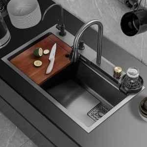 Happy Homes Pro 30x18x9 inch Stainless Steel Black Matt Single Bowl Honeycomb Waterfall Kitchen Sink with RO Tap