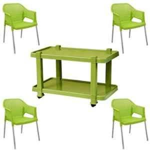Italica 4 Pcs Polypropylene Green Plasteel Arm Chair & Green Table with Wheels Set, 1209-4/9509