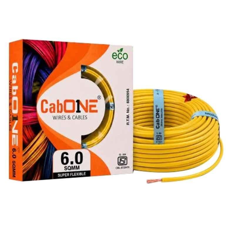 CabONE Lite 6 Sqmm Yellow Single Core FR PVC Insulated Domestic Copper Cable, Length: 90 m
