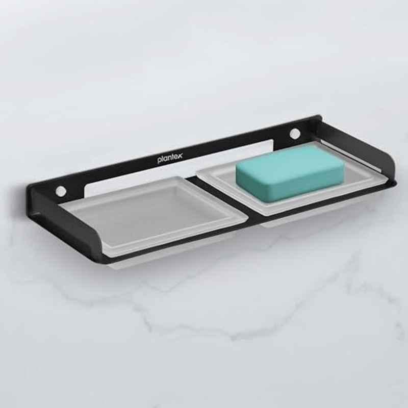 Plantex Stainless Steel & Frosted Glass Double Soap Holder for Bathroom/Dual Soap Case/Soap Stand/Bathroom Accessories -Black