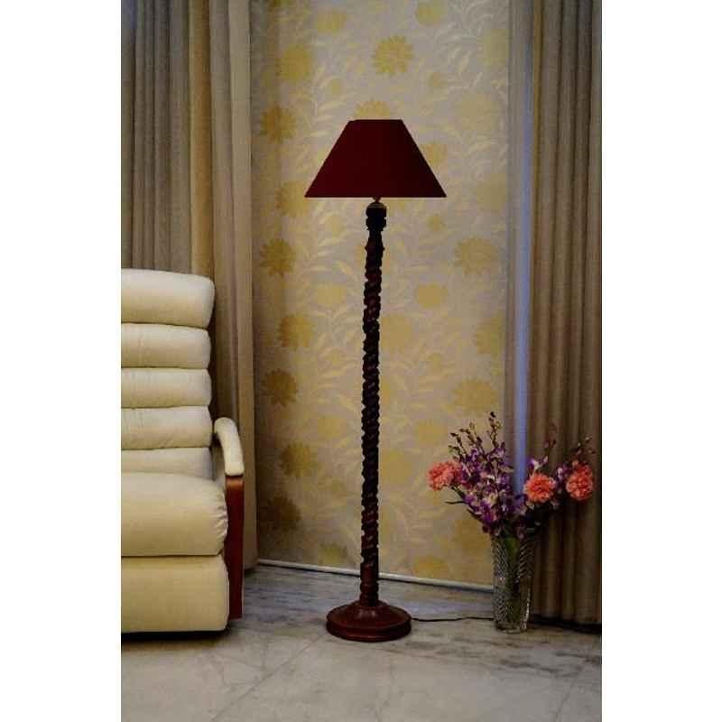 Tucasa Mango Wood Dark Brown Floor Lamp with Maroon Conical Polycotton Shade, WF-130