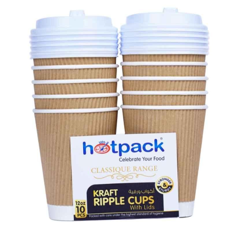 Hotpack 10Pcs 12Oz Kraft Paper Ripple Cup with Lid Set, HSMPCRW12C