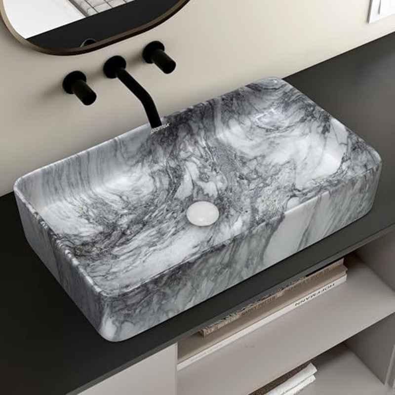 Plantex Slate 24x13.5x5 inch Ceramic Marble Grey Table Top Wash Basin for Bathroom, NS-452
