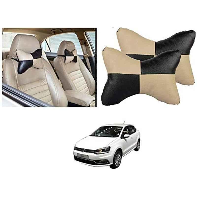 Kozdiko 2 Pcs Black & Beige Car Square Chess Design Neck Rest Seat Pillow Set for Volkswagen Ameo