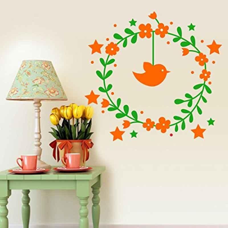 Asian Paints CX021B 76.20x30.48cm Vinyl Orange & Green Little Hanging Bird & Wreath Surrounded By Stars Self Adhesive Wall Sticker, HPCA15127
