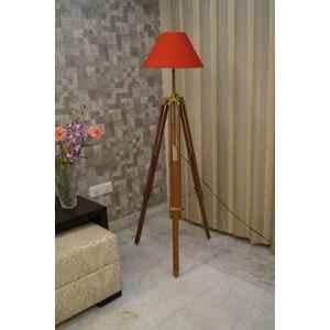 Tucasa Mango Wood Brown Tripod Floor Lamp with Polycotton Red Shade, P-90