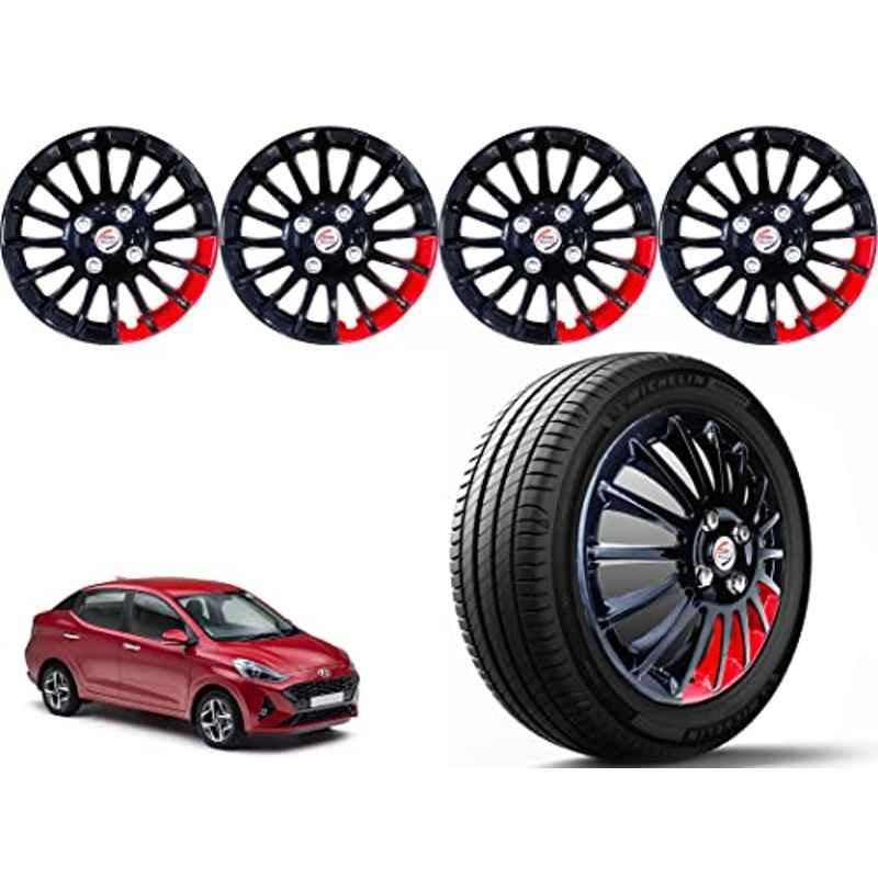Auto Pearl 4 Pcs 15 inch ABS Black & Red Press Type Car Wheel Cover Set with Retention Ring for Hyundai Aura