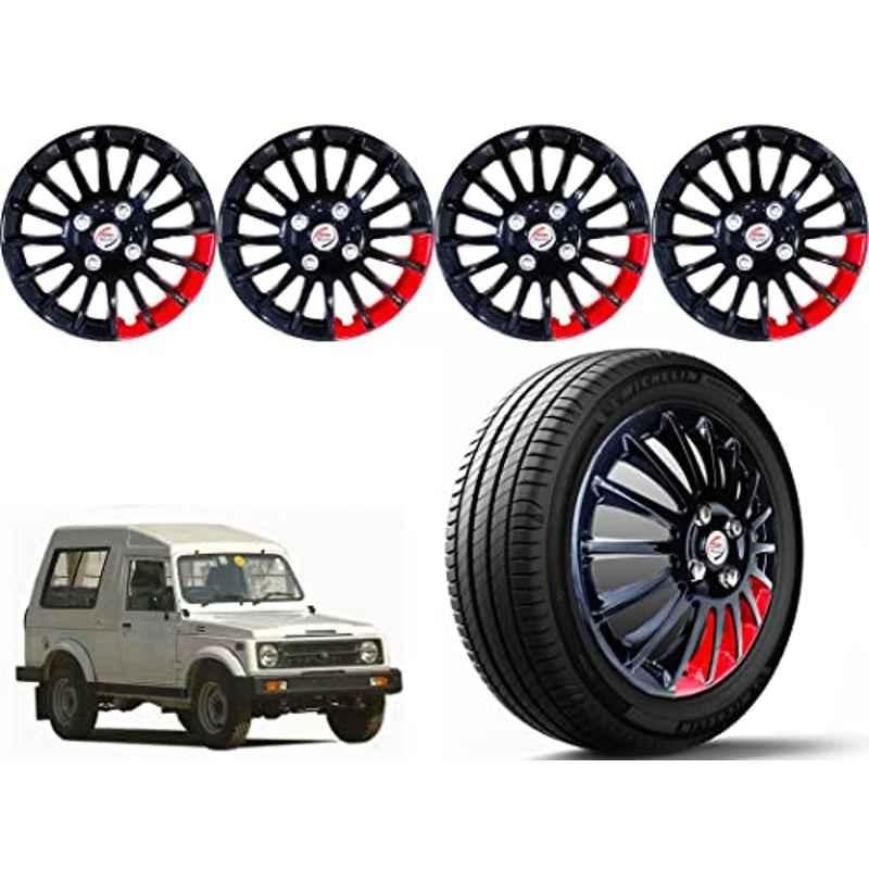 Auto Pearl 4 Pcs 15 inch ABS Black & Red Press Type Car Wheel Cover Set with Retention Ring for Maruti Suzuki Gypsy Mg410