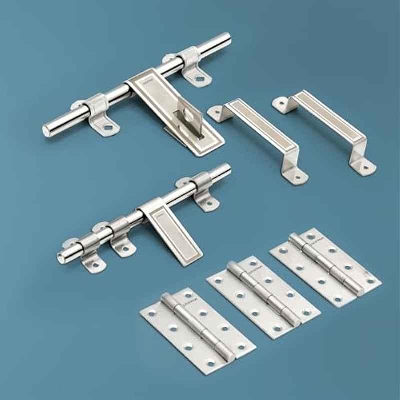 Plantex Stainless Steel Chrome 10 inch Al-Drop, 8 inch Latch, 8 inch 2 Pcs Handles/3 Pcs Hinges Door Set for Bathroom, APS-1320