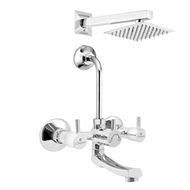 Cliquin Florentine Vitara Brass Chrome Wall Mounted Wall Mixer with 6x6 inch Stainless Steel Overhead Shower Set, 190mm Bend Pipe & Adjustable Legs