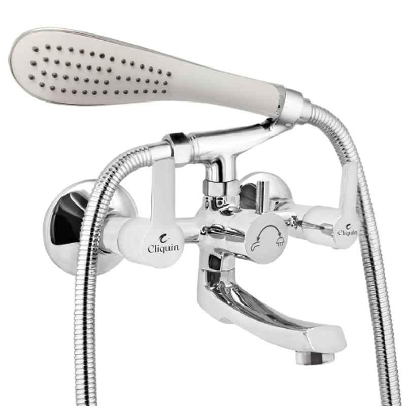 Cliquin Fusion Vitara Brass Chrome Wall Mounted Wall Mixer with Telephonic Crutch Hand Shower & 1m Stainless Steel Shower Tube