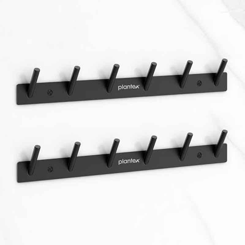 Plantex Wall Hooks for Hanging Cloth/Stainless Steel Towel Hangers/Bathroom Robe Hooks/Door Hangers/Round Wall Hook/Hook Rail for Hanging Keys 6 Hooks (Pack of 2), Z-Black