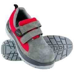 Mallcom Leperm Split Suede & Synthetic Spacer Nylon Double Density PU Sole Steel Toe Grey & Red Low Ankle Safety Shoes, Size: 4