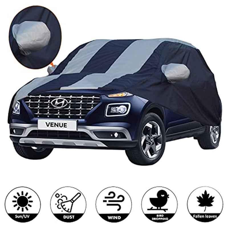 AllExtreme Hv7005 Car Body Cover For Hyundai Venue Custom Fit Dust Uv Heat Resistant For Indoor Outdoor Suv Protection (Blue-Silver With Mirror)