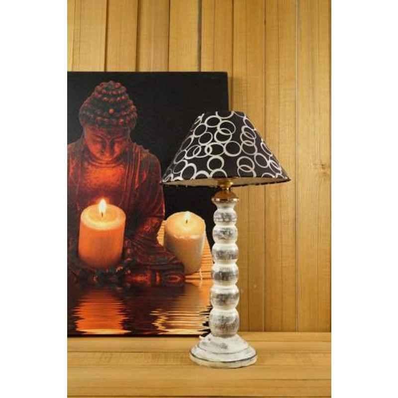 Tucasa Mango Wood Old White Table Lamp with 10 inch Polycotton Black Silver Pyramid Shade, WL-174