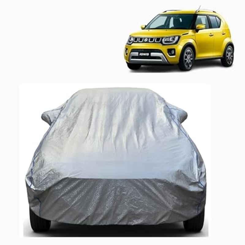 Aarex Auto Polyester Silver 100% Waterproof Car Body Cover with Mirror Pocket Side Elastic, Cotton Lining, Triple Stitched & Anti Dust for Maruti Suzuki Ignis, SW-4-Silver