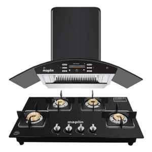 Maplin SS90 1400CMH 90cm Black Voice Control Glass Kitchen Chimney & GH04 4 Burner Gas Cooktop Combo