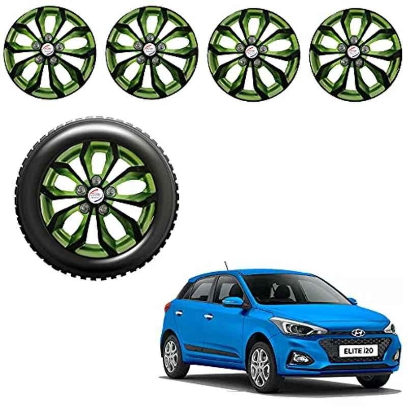 Auto Pearl 4 Pcs 14 inch Black & Green ABS Press Type Hubcap Wheel Cover Set with Retention Ring for Hyundai i20Elite2018
