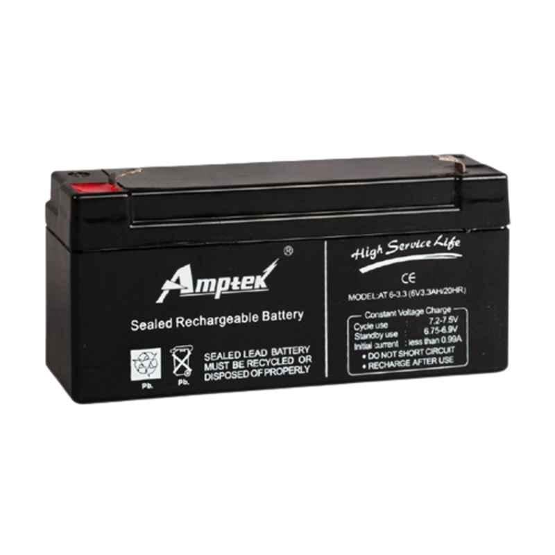 Amptek 6V 3.3Ah Black Sealed Rechargeable SLA Industrial Battery, AT6-3.3