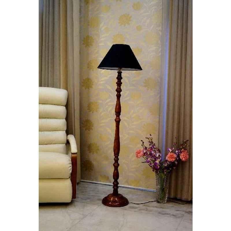 Tucasa Royal Brown Mango Wood Floor Lamp with Black Conical Polycotton Shade, WF-99