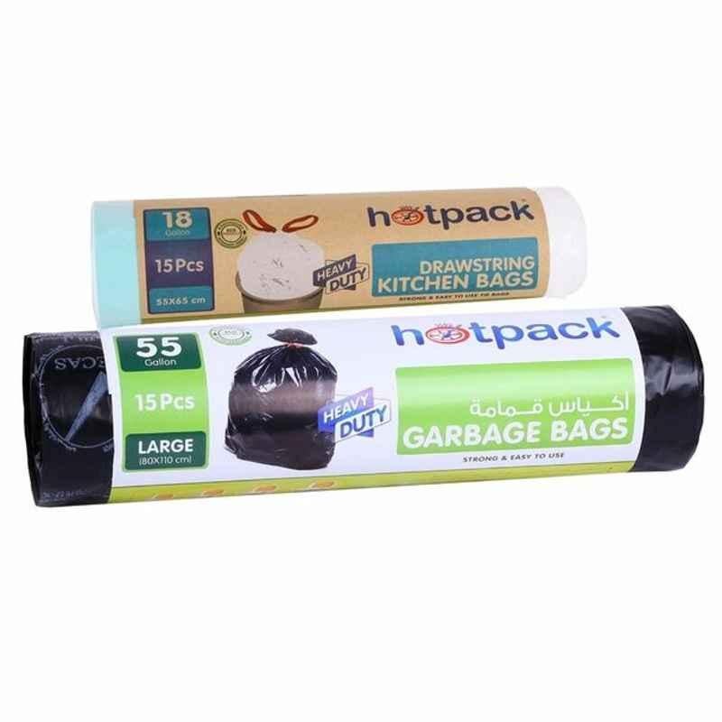Hotpack Garbage Bag W/ Free 15PCS Kitchen Bag, ROGBR80110TBWR5565, 80x110cm, Black, PK15