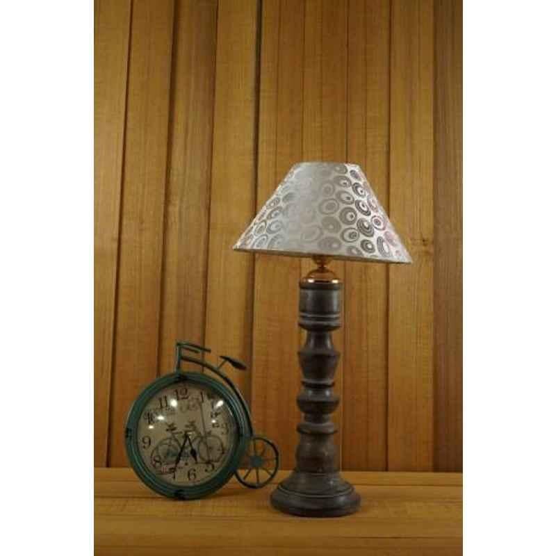 Tucasa Mango Wood Grey Table Lamp with 10 inch Polycotton White Silver Pyramid Shade, WL-137