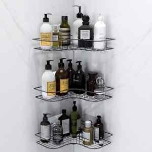 Plantex GI Metal Drill Free Bathroom Corner Adhesive Shelf for Kitchen with Magic Sticker (Pack of 3)