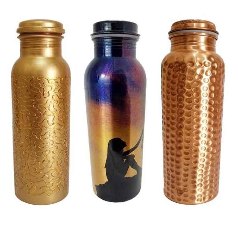 Healthchoice 1L Golden, Lonely & Hamred Copper Jointless Water Bottle (Pack of 3)