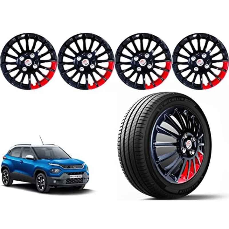 Auto Pearl 4 Pcs 15 inch ABS Black & Red Press Type Car Wheel Cover Set with Retention Ring for Tata Punch 2021