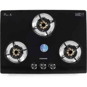 Padmini 3 Burner Stainless Steel Black Automatic Ignition Glass Top Gas Stove, Gas Hob CS-301 GL IB