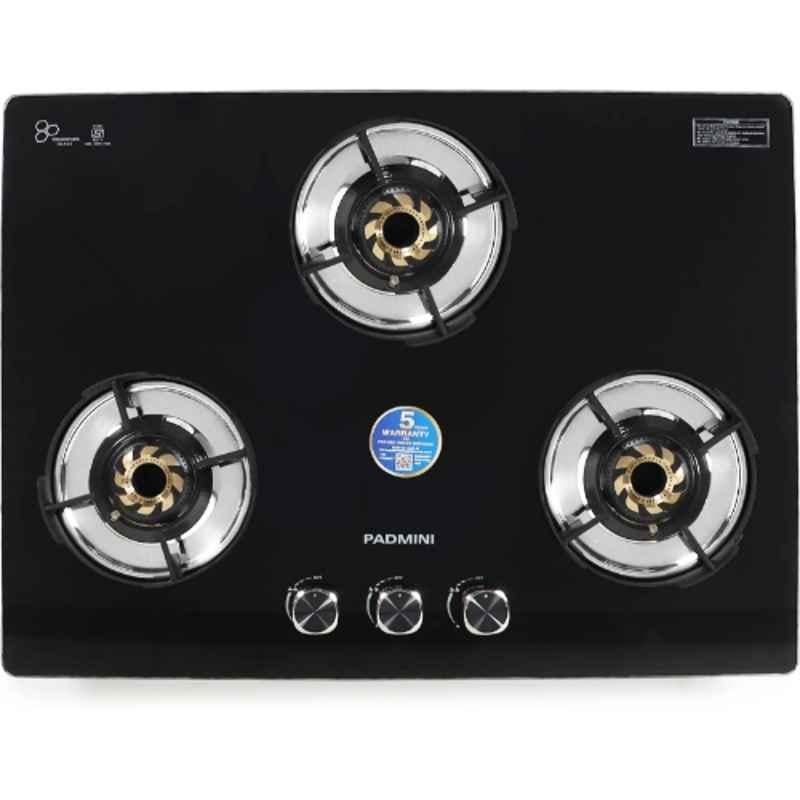Padmini 3 Burner Stainless Steel Black Automatic Ignition Glass Top Gas Stove, Gas Hob CS-301 GL IB