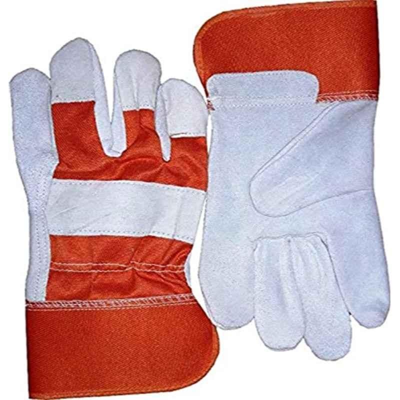 Cow Leather White & Orange Safety Gloves